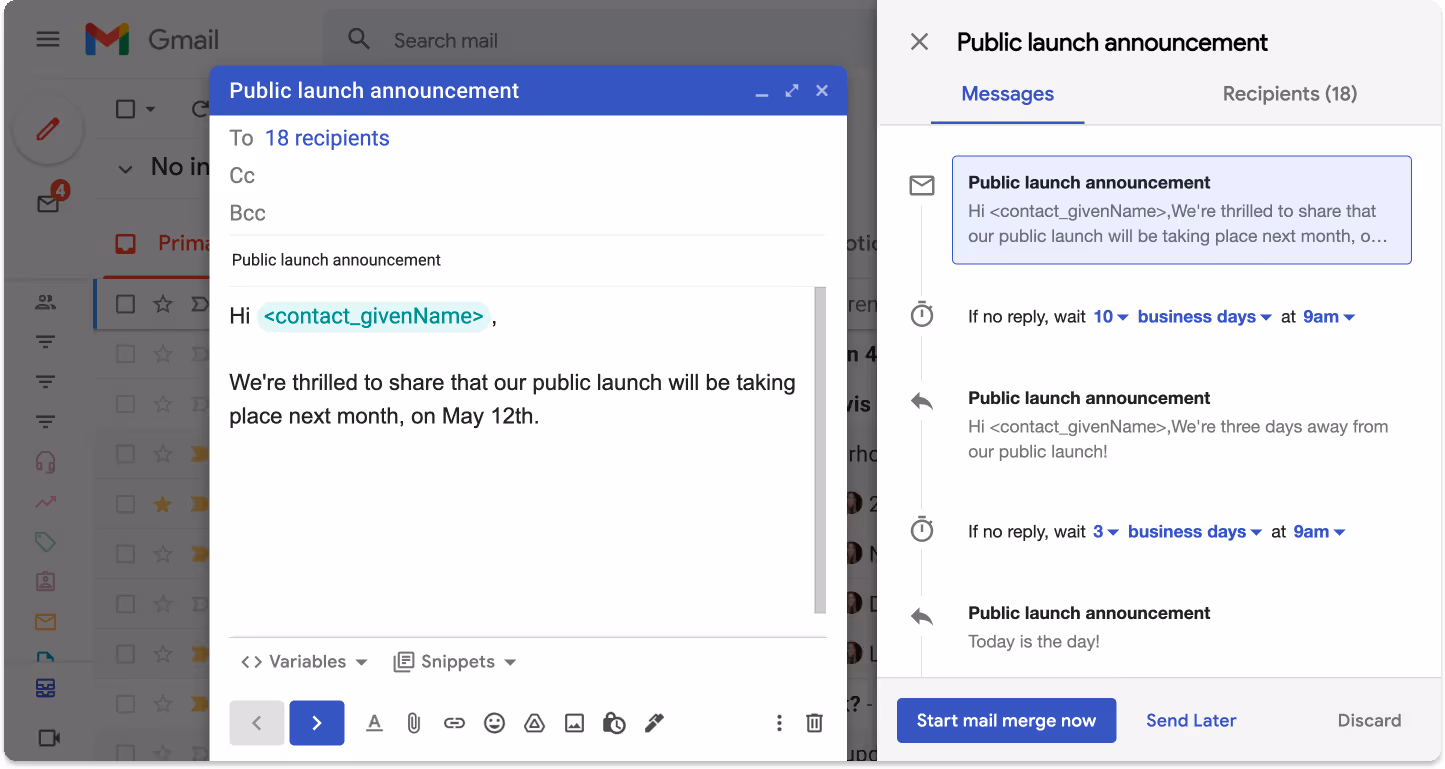 A screenshot of pop-up windows in Gmail's personalized mass email function with Streak's mail merge feature