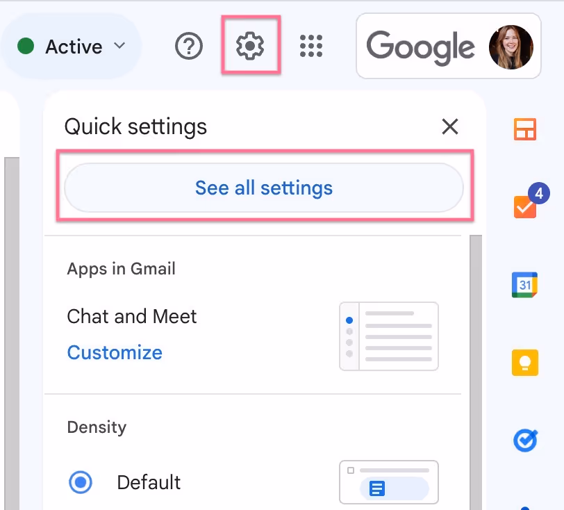 Upper right corner of Gmail inbox showing the gear icon