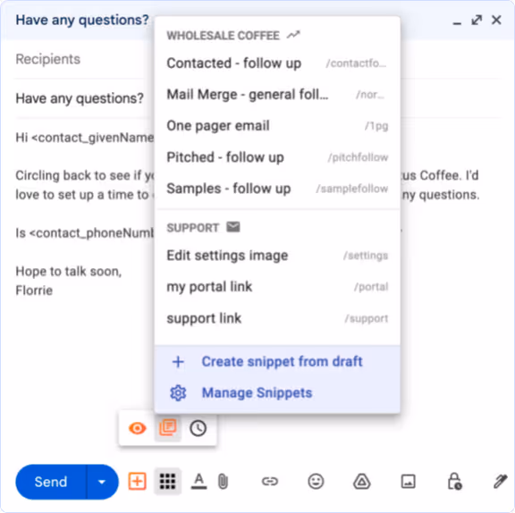 Steak Snippet in Gmail with prewritten email templates to activate canned responses