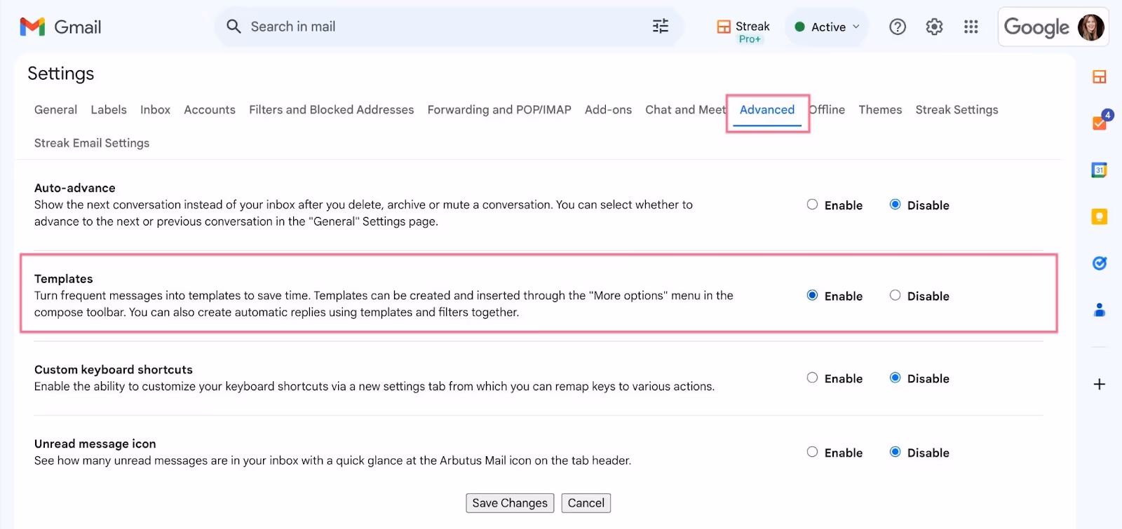 Advanced section of Gmail Settings showing the enabled Templates