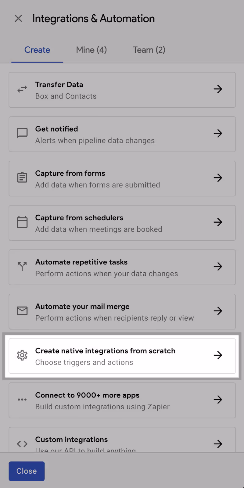 A screenshot of the Integrations and Automation menu highlighting the "Create native integrations from scratch" option