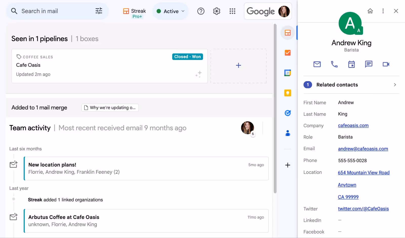 A screenshot of Streak contact management system
