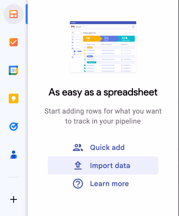 Streak sidebar in a pipeline view with the "Import data" option highlighted