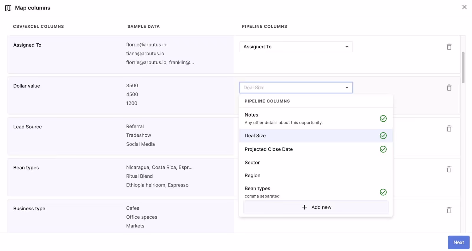 Data mapping spreadsheet columns to pipeline columns.
