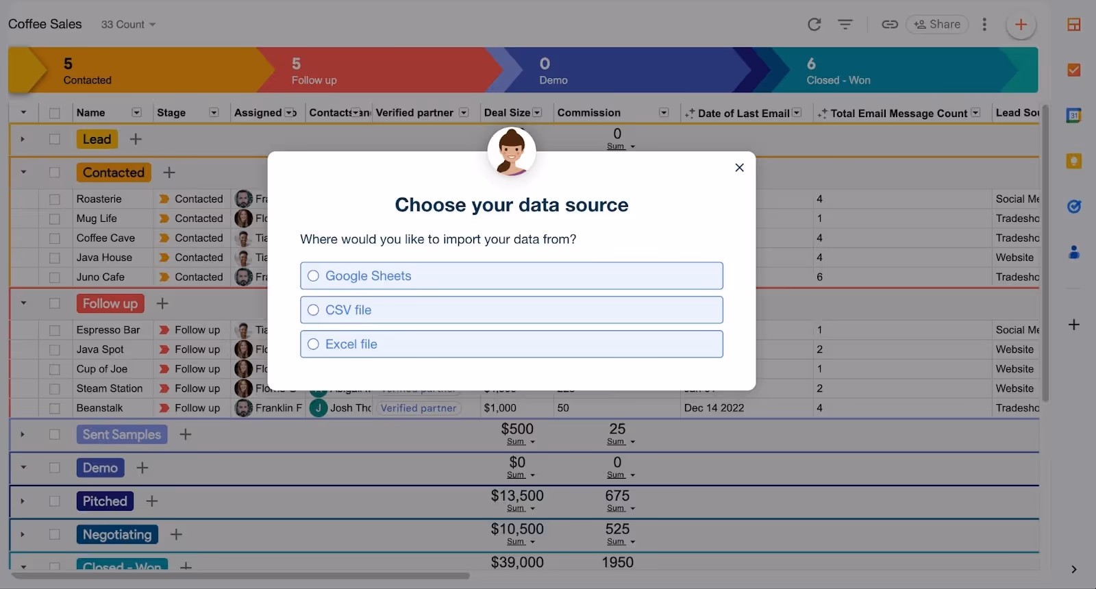 The three options for file types to import into Streak via the import data wizard