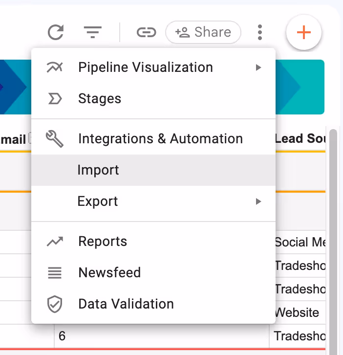 Pipeline menu with the "import" option highlighted