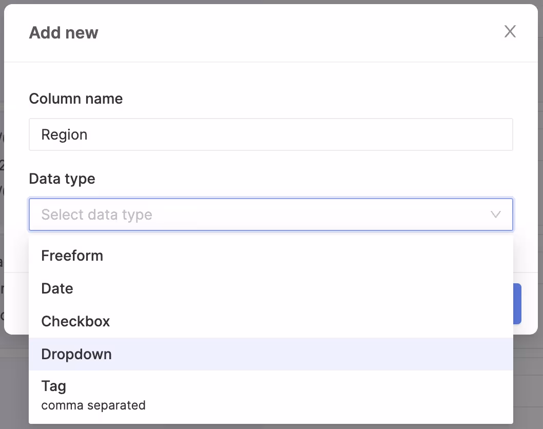 Adding a new pipeline column and selecting the data type.