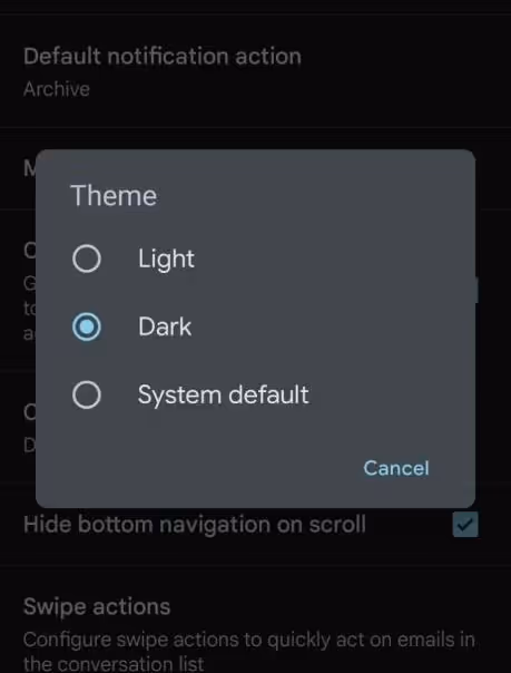 A screenshot of the options available while choosing Dark mode for Gmail on Android