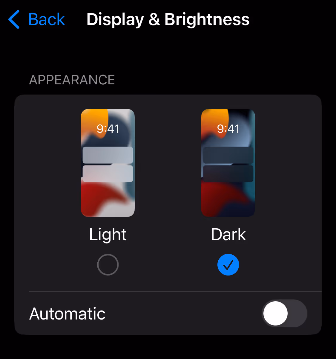 A screenshot of the options available under Gmail Settings' "Display & Brightness" section on iPhone