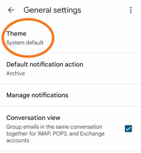 A screenshot of Gmail's Settings featuring "Theme" option on Android