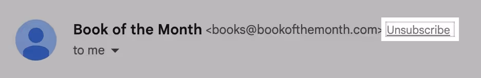 A screenshot of the top portion of the commercial email highlighting the unsubscribe option next to the sender's name