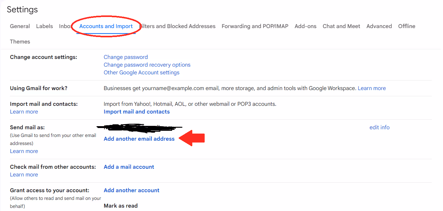 A screenshot inside the Accounts and Import tab in Gmail Settings