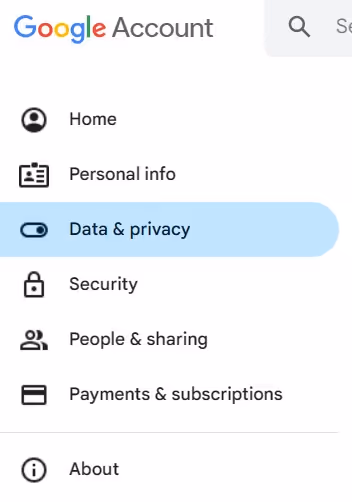 A screenshot of the left side bar menu inside the Manage your Google Account section 