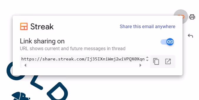 A screenshot of the toggle switch that pops up to turn the Streak email sharing off after clicking the Streak Share icon