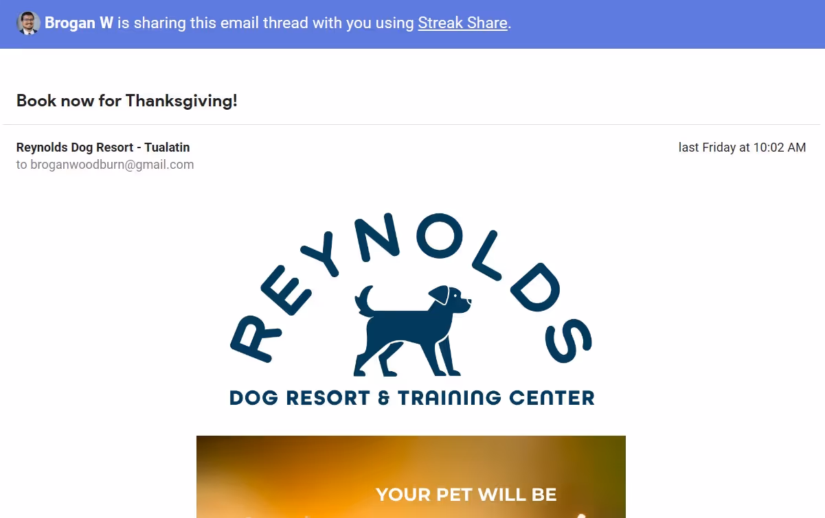 A screenshot of the email template shared using Streak Share 