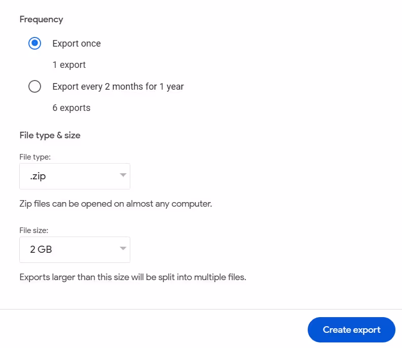 A screenshot of the the destination for the download between Google Drive, Dropbox, One Drive, or Box n Google Takeout.