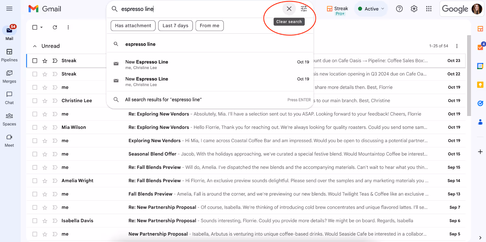 A screenshot of the mail inbox showing the search history and the "x" icon at the right corner of the search bar which means "delete" or deletion of a search topic once clicked