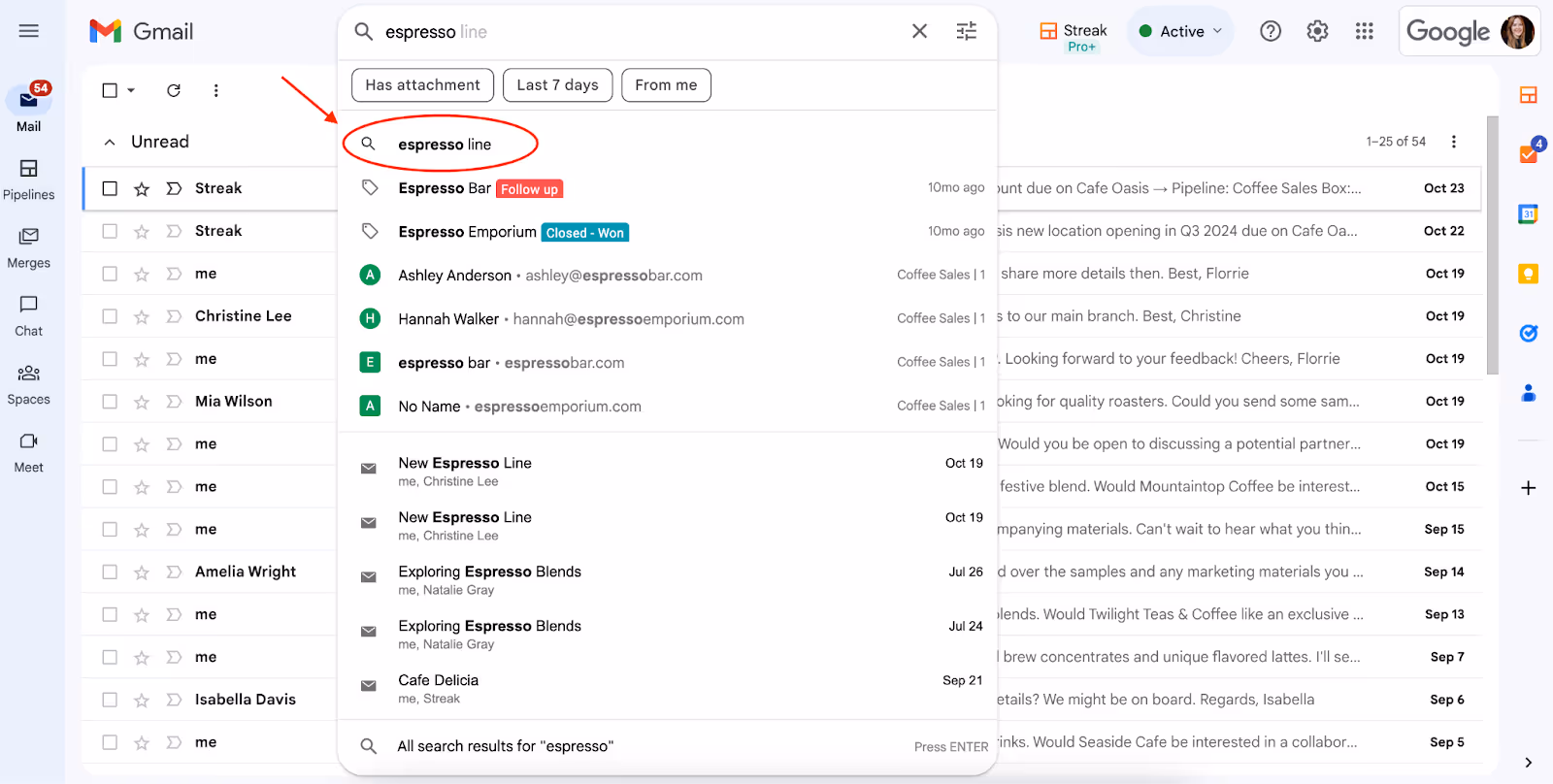A screenshot fo the Gmail inbox showing the Gmail search history 