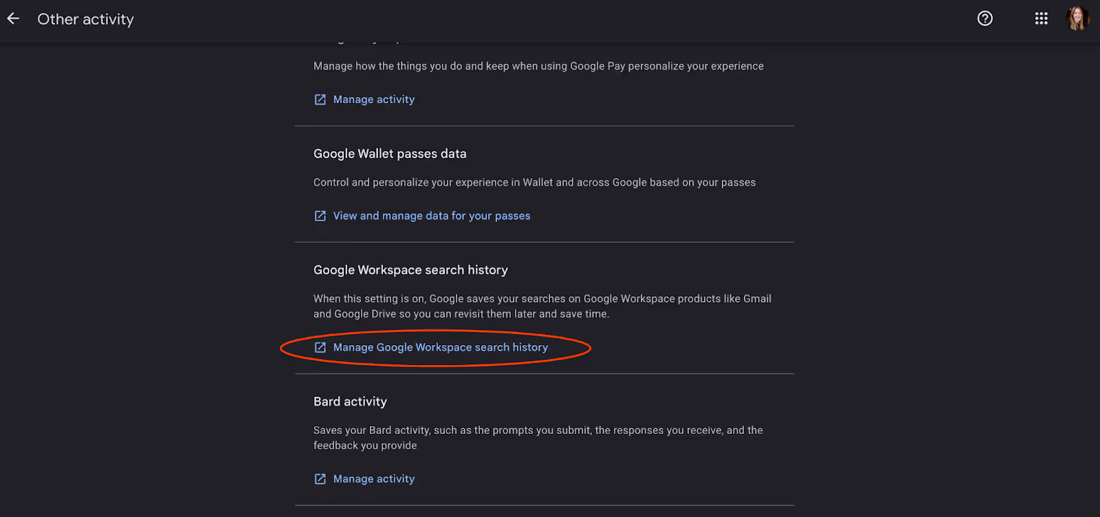 A screenshot of My Google Activity's Other Activity section showing the portion where you can click "Manage Google Workspace Search History to delete the search history according to dates