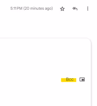 Screenshot of the Gmail compose window, showing the From email address section expanded, with the BCC icon highlighted.