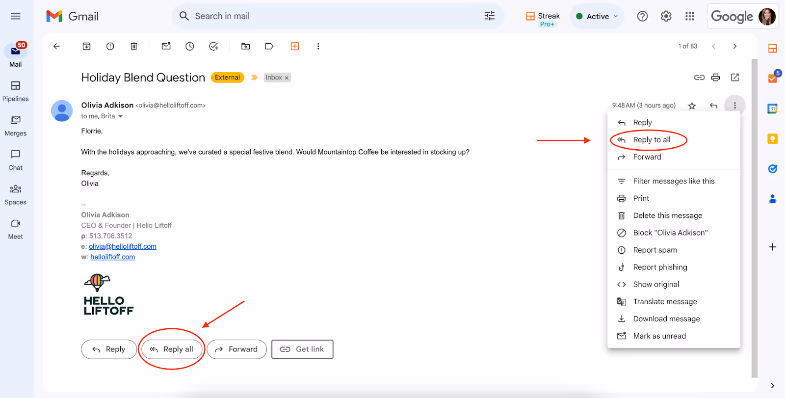 Screenshot of the bottom of a Gmail email window, showing the Reply, Reply All, and Forward buttons. The Reply All button is highlighted, indicating that it is the selected option.