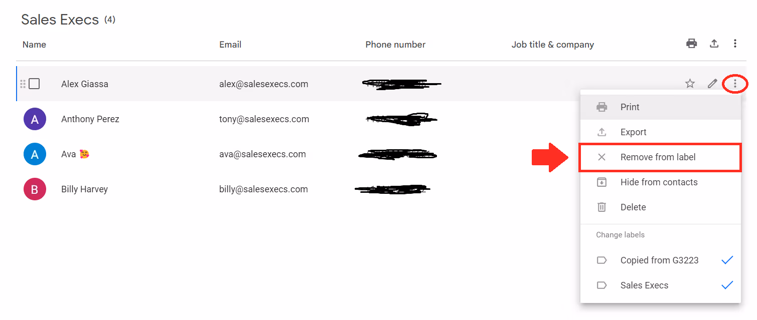 A screenshot showing how to remove contacts from a distribution list