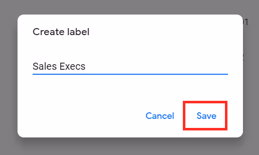 A screenshot of the window when creating a label in the Contacts section