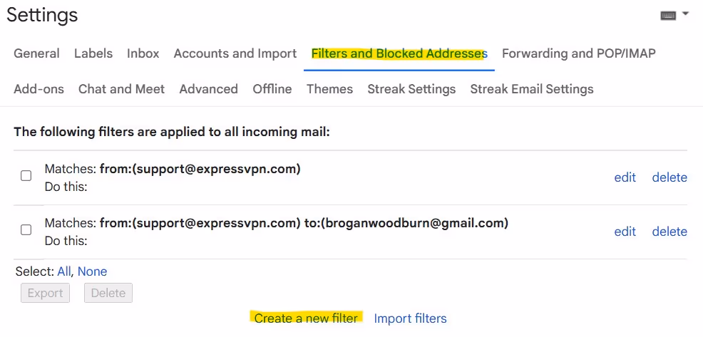 A screenshot of the Filters and Blocked Addresses section after the forwarding address is set up