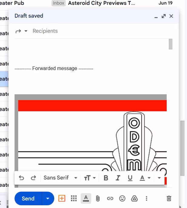 A screenshot f the compose window pop up with the forwarded email messages in bulk