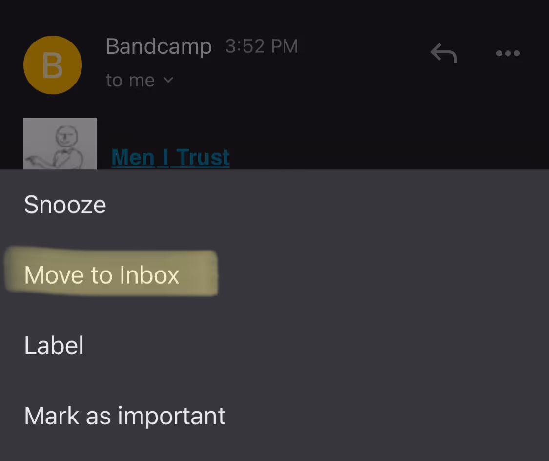 a screenshot of Gmail inbox on mobile highlighting Move to Inbox feature to unarchive emails