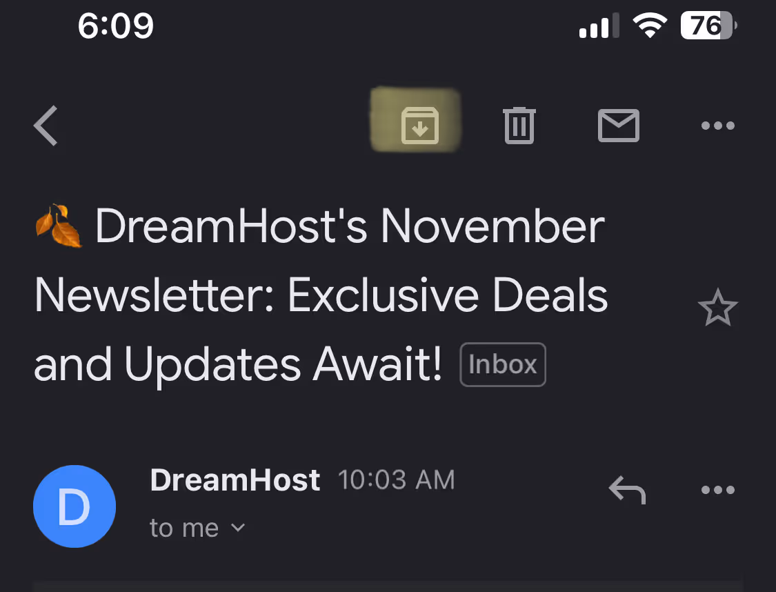 a screenshot of the upper left portion of the Gmail inbox on mobile highlighting the Archive icon found at the upper left toolbar