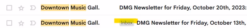 a screenshot of a portion of Gmail All Mail inbox on desktop showing the one without the Inbox label as the archived email and the active email with the Inbox label