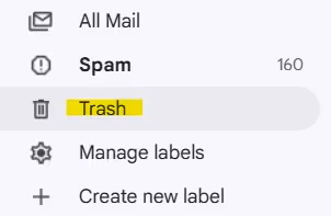 a screenshot of Gmail sidebar highlighting the trash bin. Selecting the trash bin will immediately empty your Gmail trash and free up storage