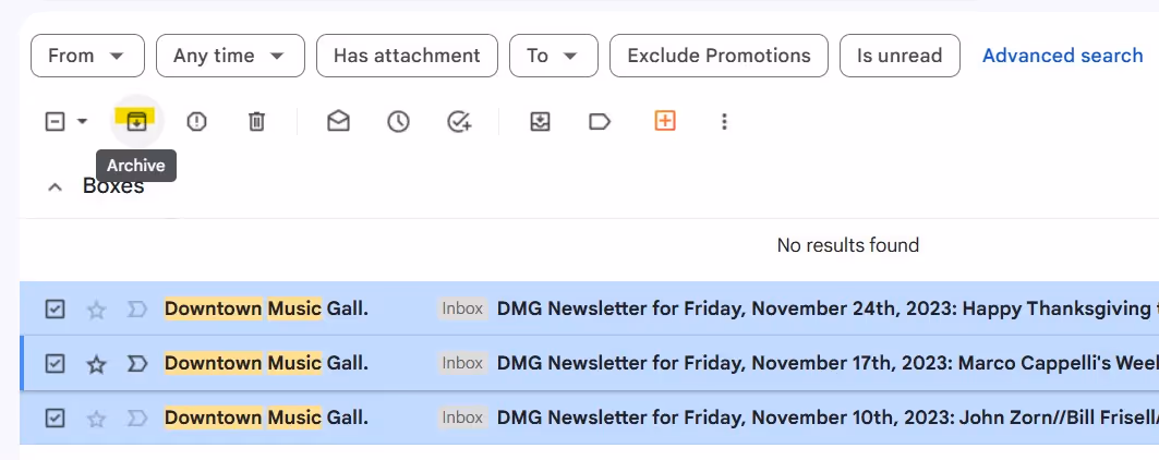 a screenshot of the Gmail inbox on desktop highlighting the archive icon found at the upper left toolbar