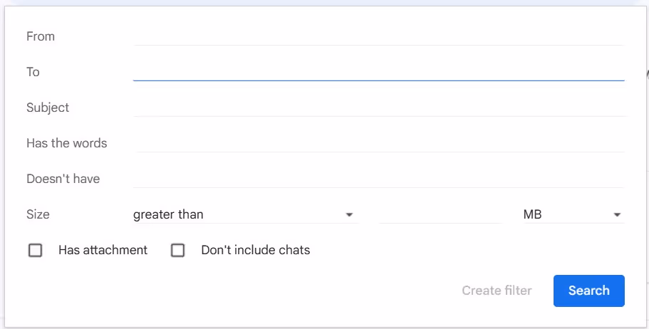 a screenshot of the pop-up window when creating a new filter