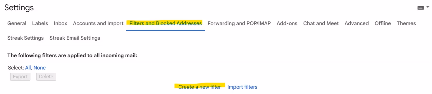 A screenshot of Gmail Settings section with Filters and Blocked Addresses portion highlighted