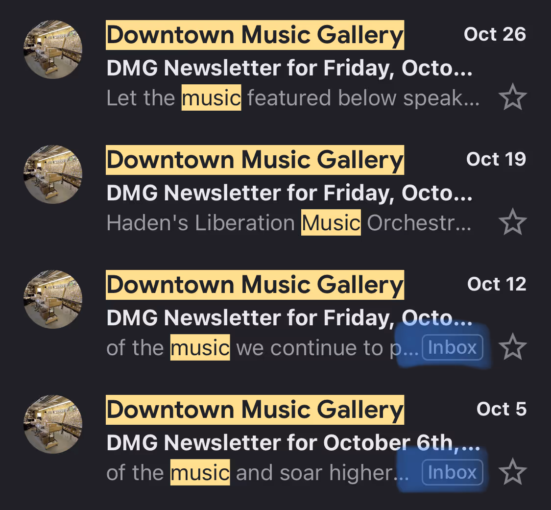 a screenshot of a portion of Gmail All Mail inbox on mobile highlighting those with Inbox label in blue as the active email and those without Inbox label as archived email