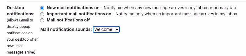A screenshot of what is inside the "See all settings" menu, showing the "New mail notifications on" being selected in blue butoon