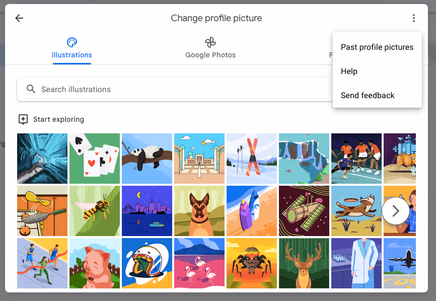 A screenshot of the interface that shows after you click the Past profile pictures in the three-dots drop down menu when clicking the photo frame in the Basic info