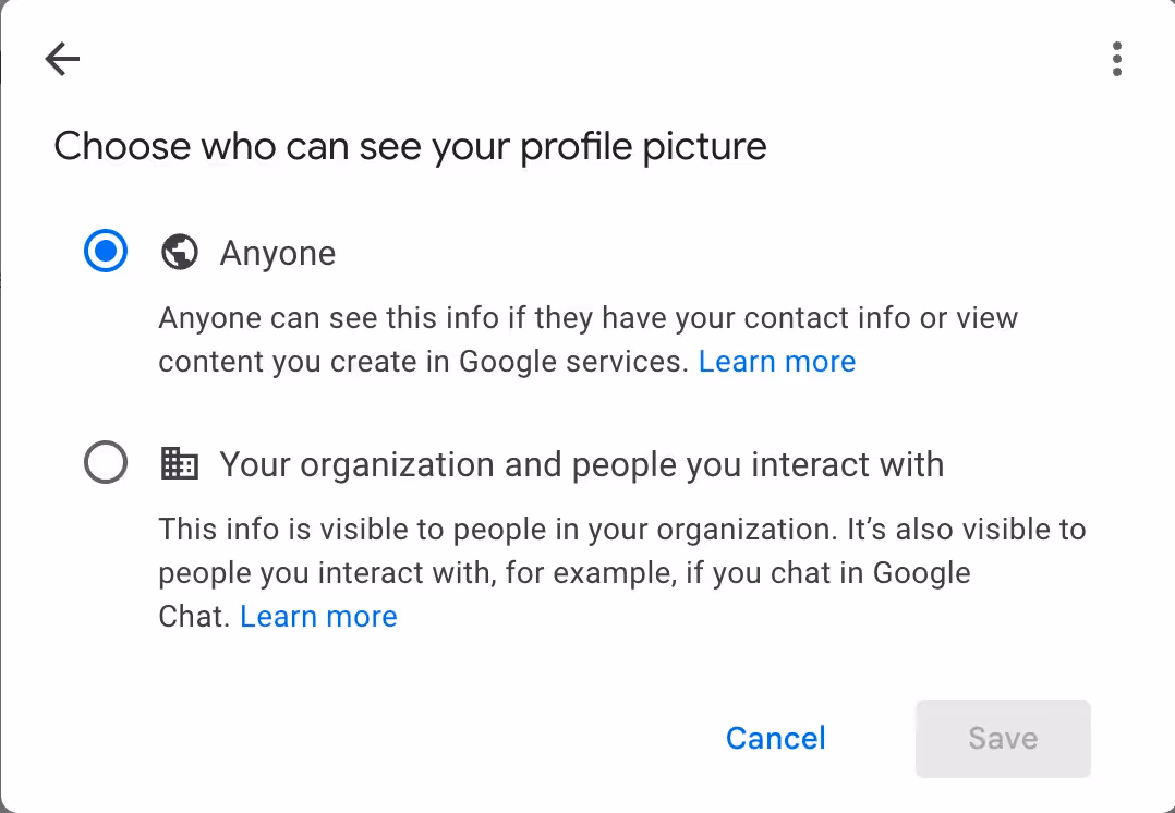 A screenshot of the window that pop ups after you click the Visible to Anyone interface, which sends you to this window, giving you the option to choose who can see your profile picture