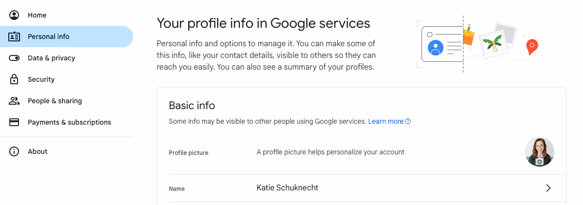 A screenshot of the menu in the Personal info settings of Gmail