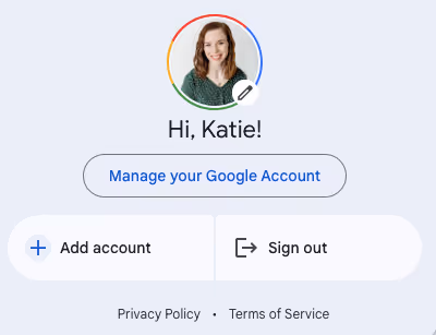 A screenshot of the "Manage your Google Account", including the profile picture and first name, which show after you click on the profile picture at the top right corner of Gmail