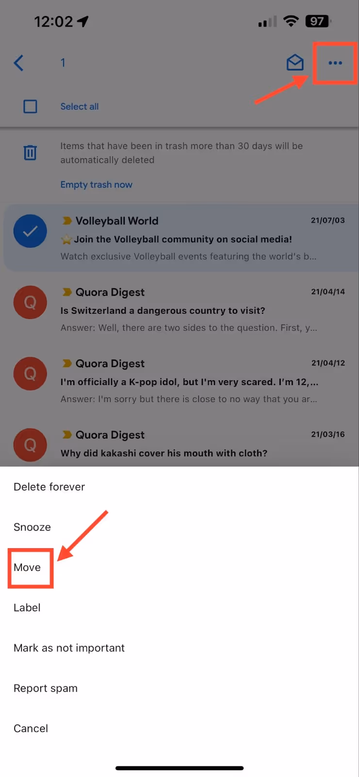 A screenshot of the Gmail Trash inbox on iOS with the three-dots highlighted