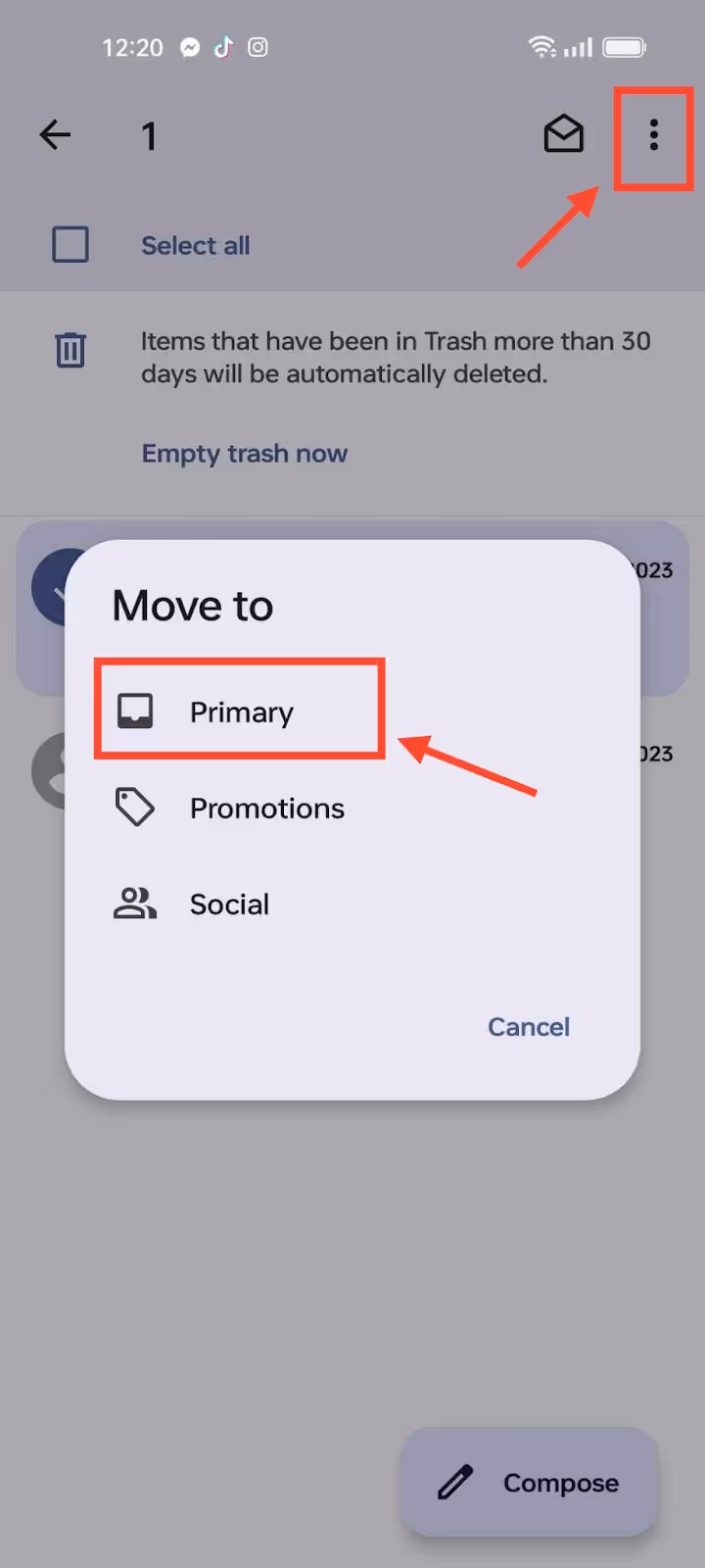 A screenshot fo the Gmail Tash inbox in Android with th three dots highlighted