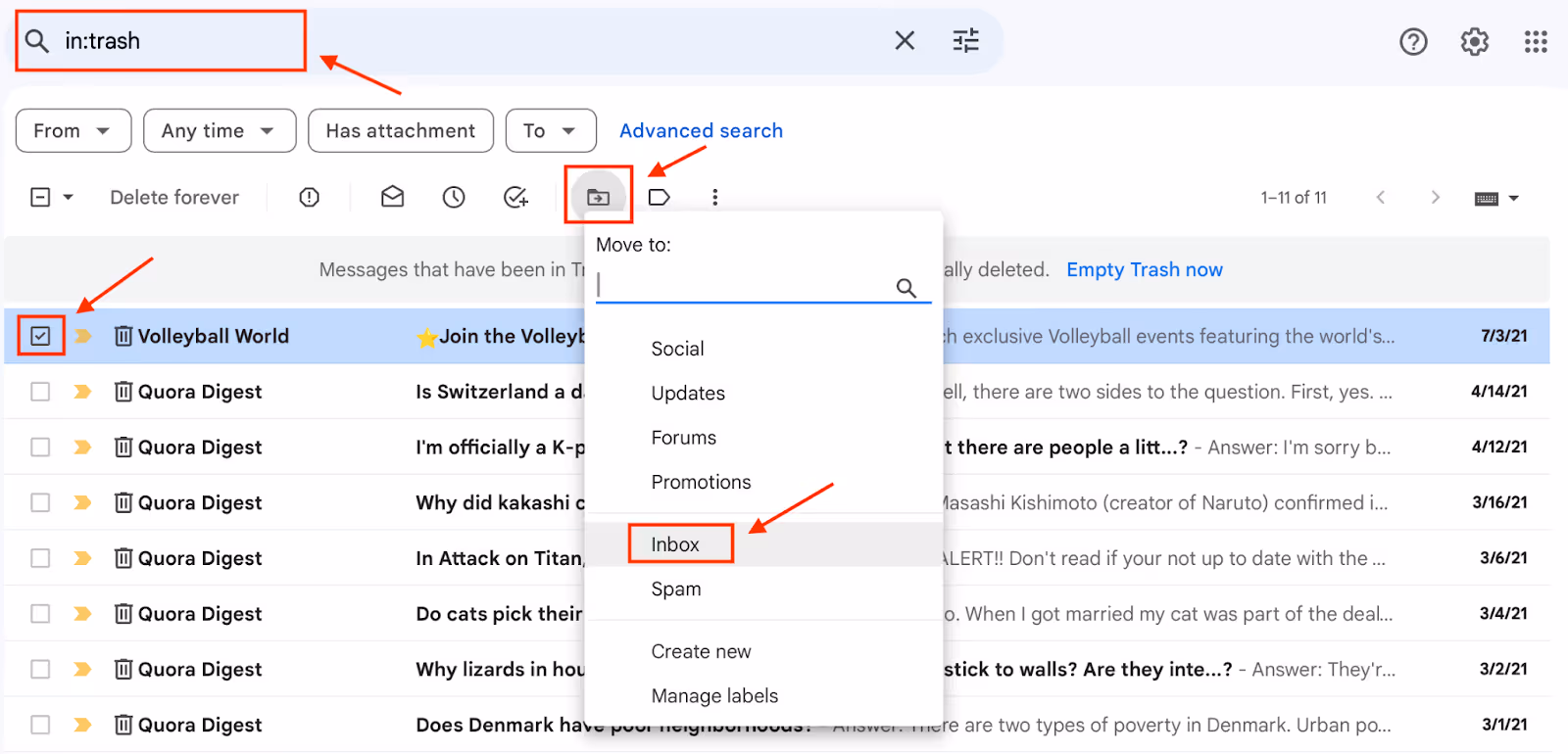 A screenshot of the Gmail inbox labelling the different icons in the inbox to explain how to recover deleted emails in Gmail