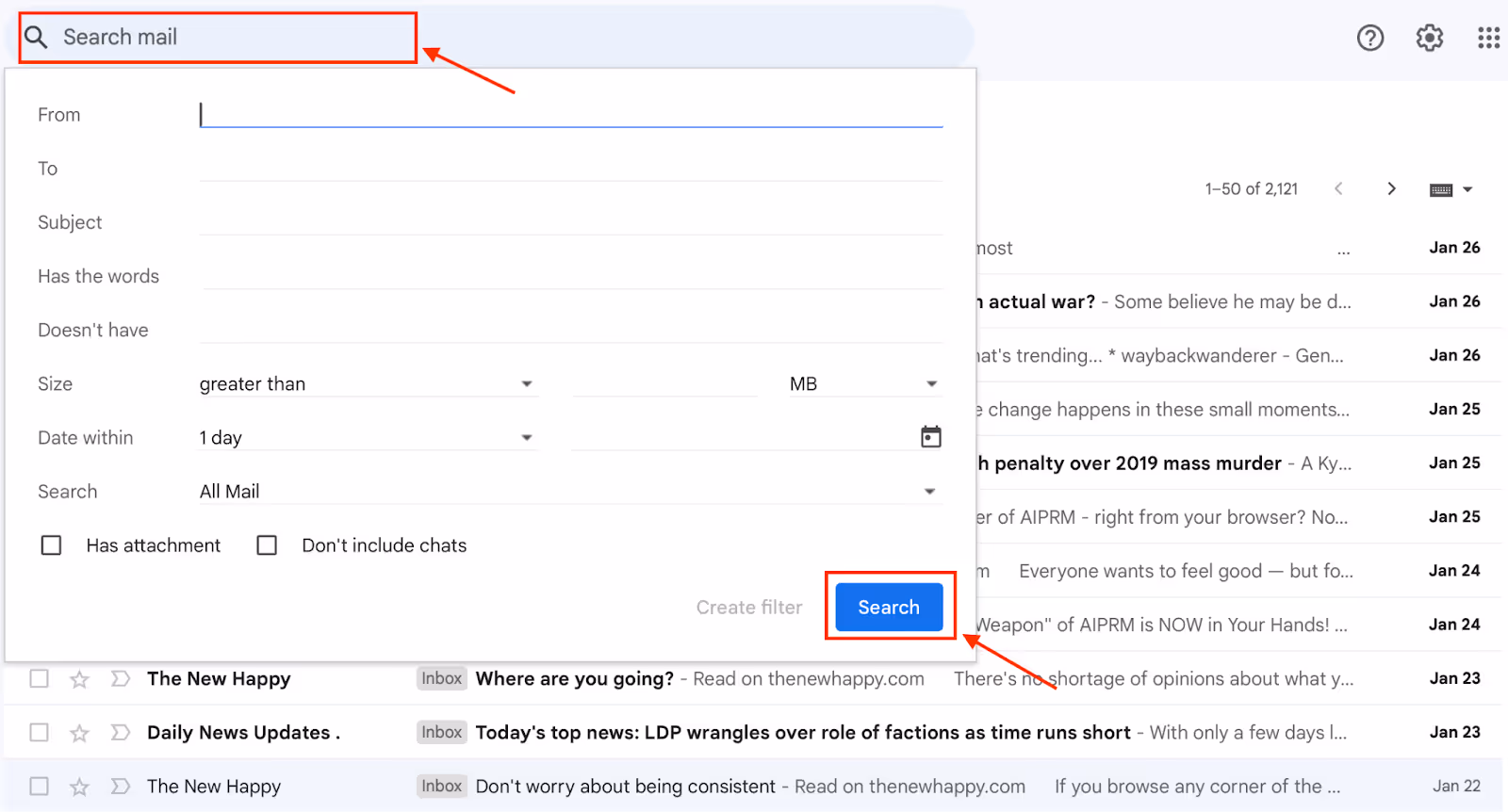 A screenshot of the drop down menu in the search bar on top of your Gmail account, with the Search bar highlighted
