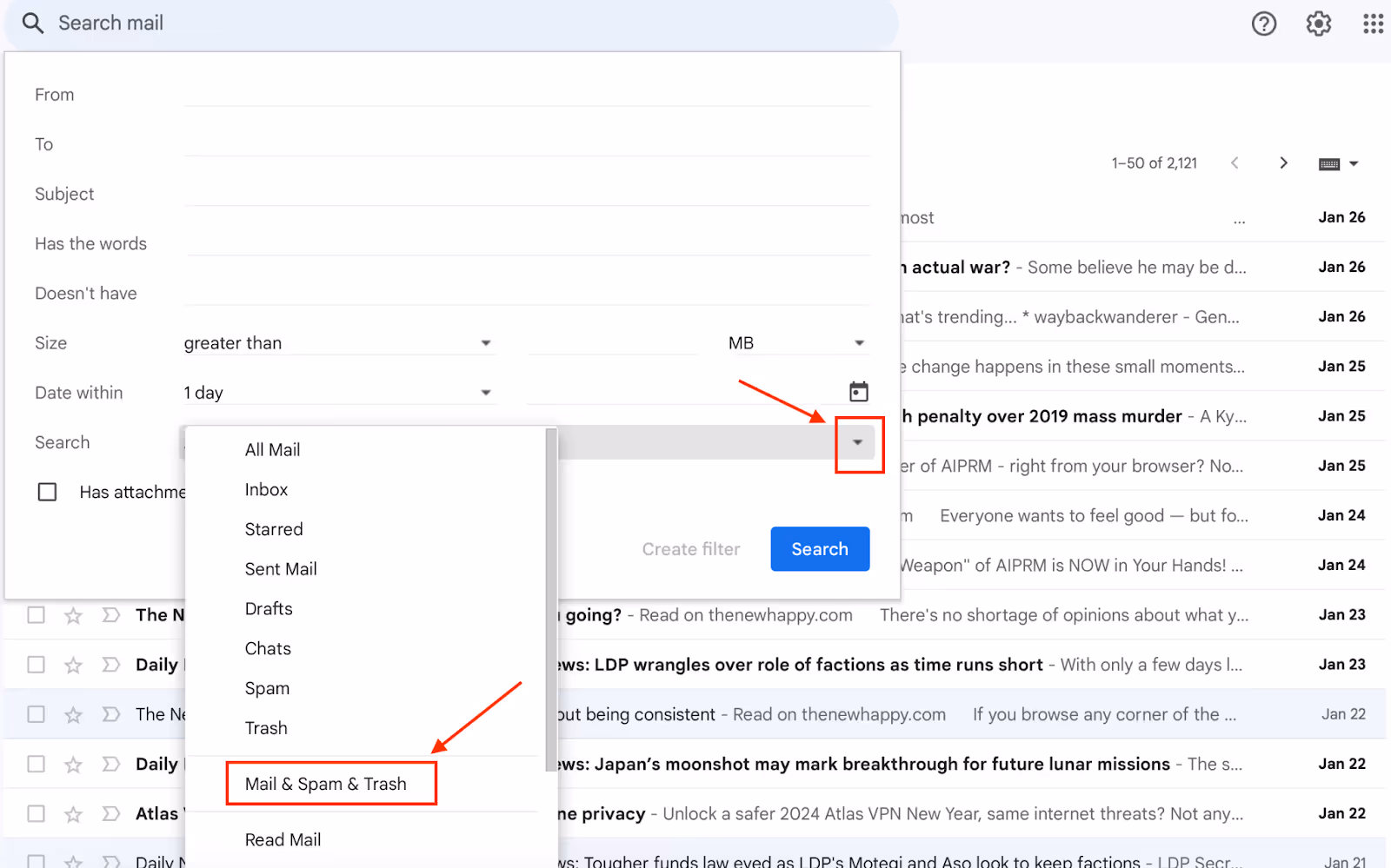 A screenshot of the drop down menu on the search bar at the top f the Gmail account