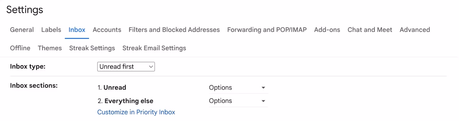 A screenshot of the Inbox tab in the Gmail Settings showing how to separate and organize the unread emails from everything else