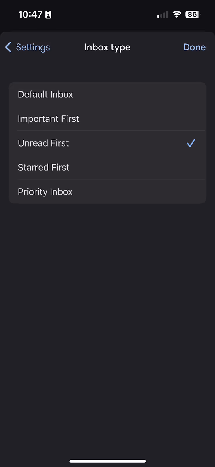 A screenshot of the Settings inside the Inbox type section in Gmail in an Android with the Unread First section selected