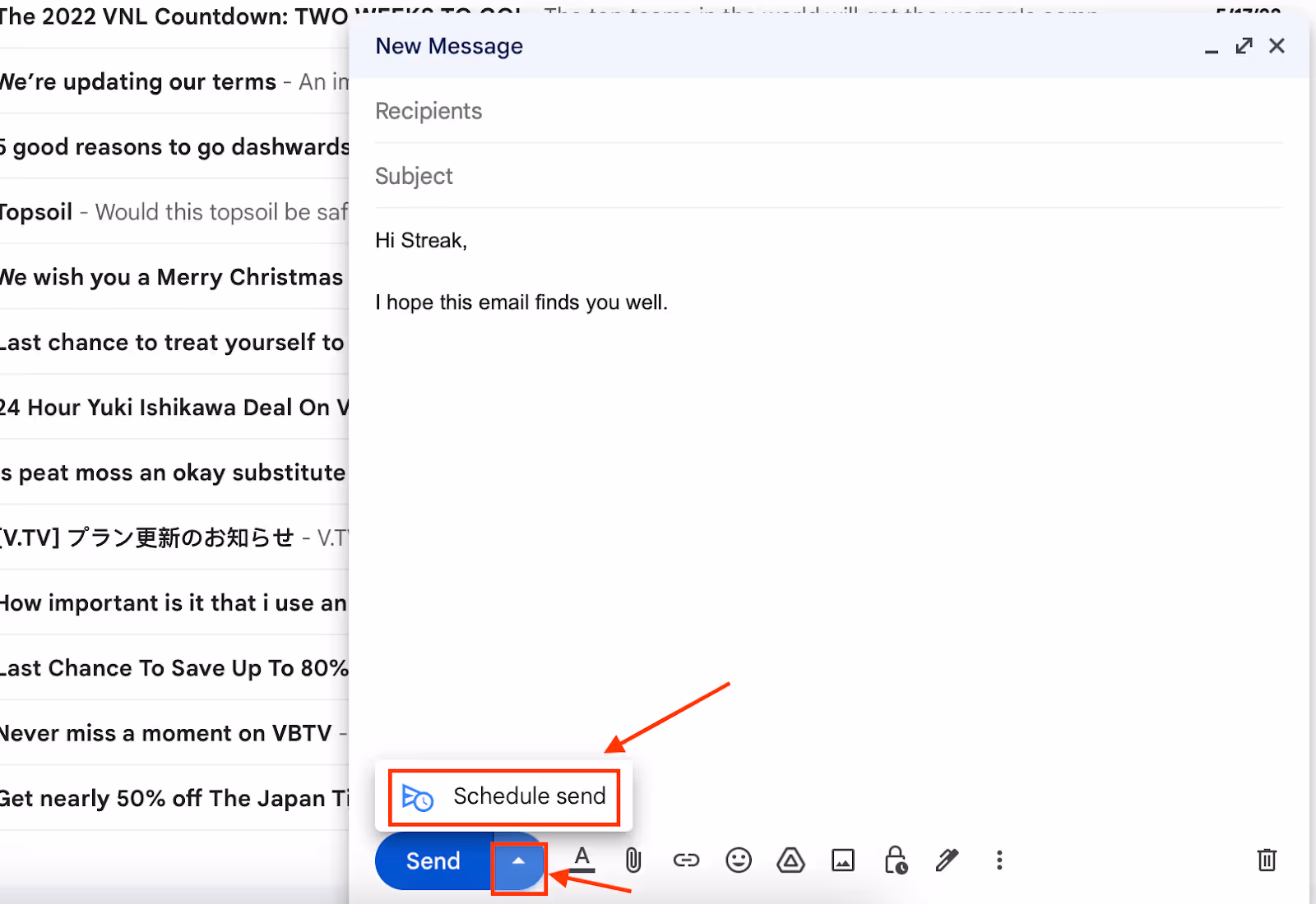 A screenshot of Gmail's Compose featuring the Schedule Send feature so you can send your email to your recipient at the most opportune time